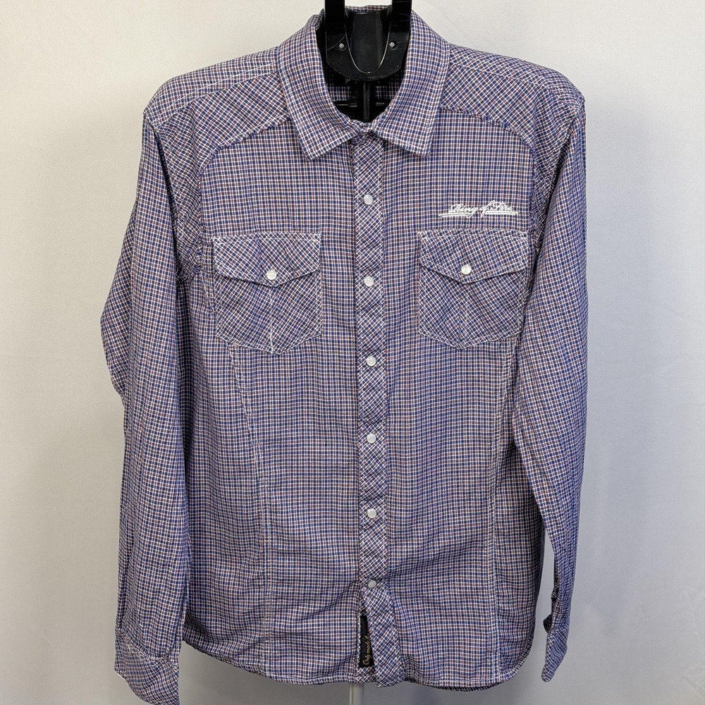 Ring Of Fire Shirt‎ Mens XL Blue Plaid Snap Western Long Sleeve Pockets Casual